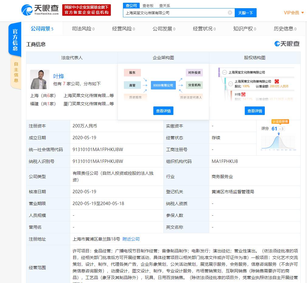 吐槽大会背后笑果文化成立新公司,经营范围含食品经营、日用百货销售等